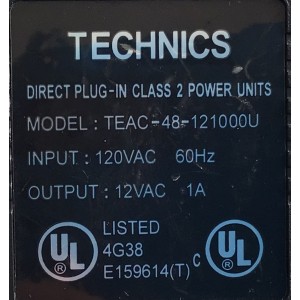 CARGADOR / ADAPTADOR DE FUENTE DE ALIMENTACION TECHNICS VCA-VCD / NUMERO DE PARTE TEAC-48-121000U / ENTRADA VCA 120V 60HZ / SALIDA VCD 12V 1A / MODELO TEAC-48-121000U